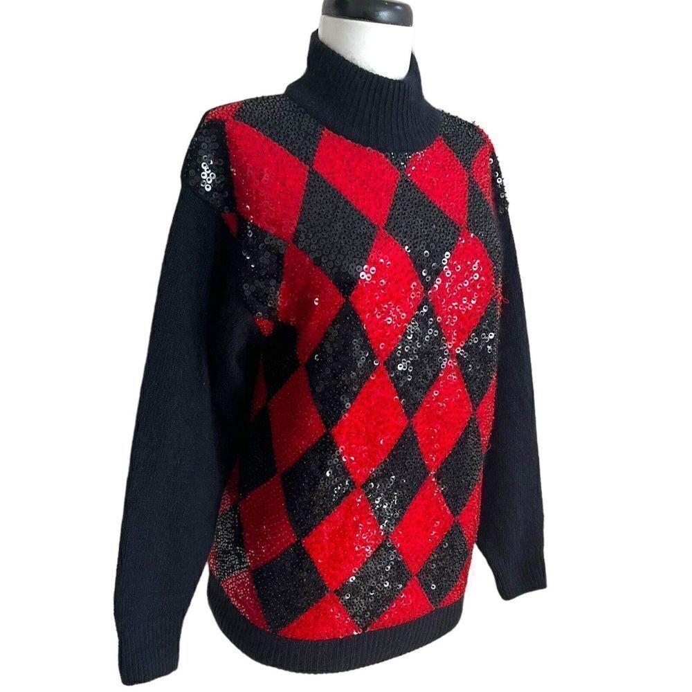 Vintage Ib Diffusion Sequin Argyle Mock Neck Swea… - image 2